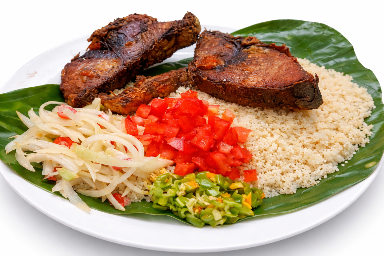 Garba sur feuille, attiéké et poisson - spécialités ivoiriennes