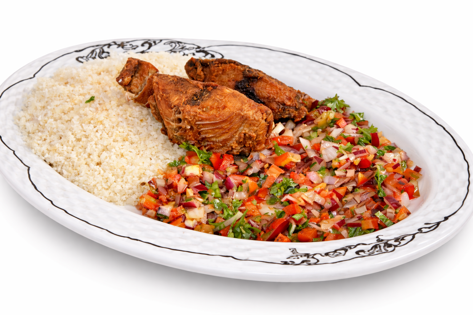 Assiette garba - attiéké, poisson et salsa